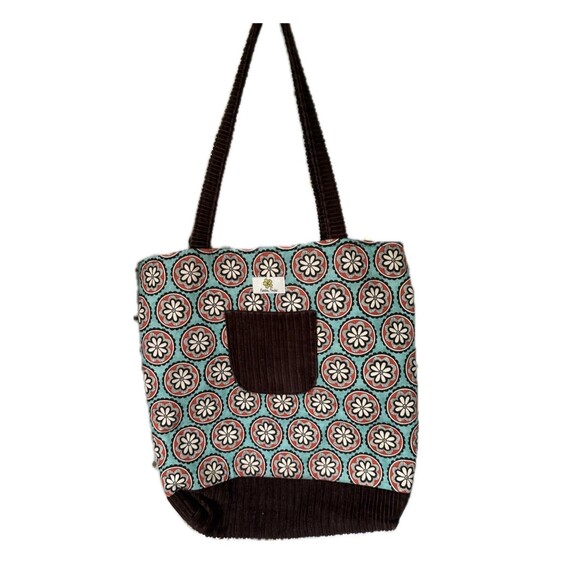 Karlee Fuchs Custom Handmade Mix Print Corduroy Accents Trim Large Tote Bag - Picture 1 of 6